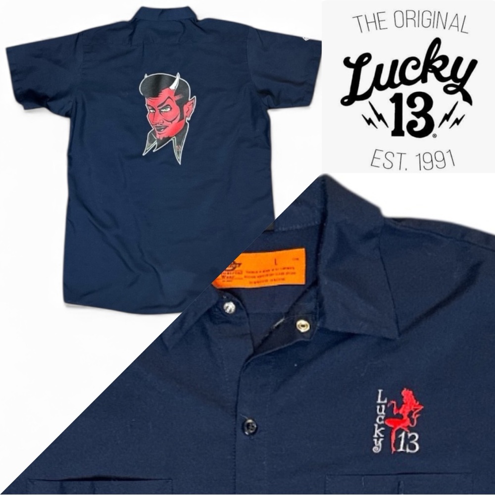 LUCKY 13 COOP DEVIL GRAPHIC NAVY DICKIES WORK SHIRT ROCKABILLY LOWBROW ART